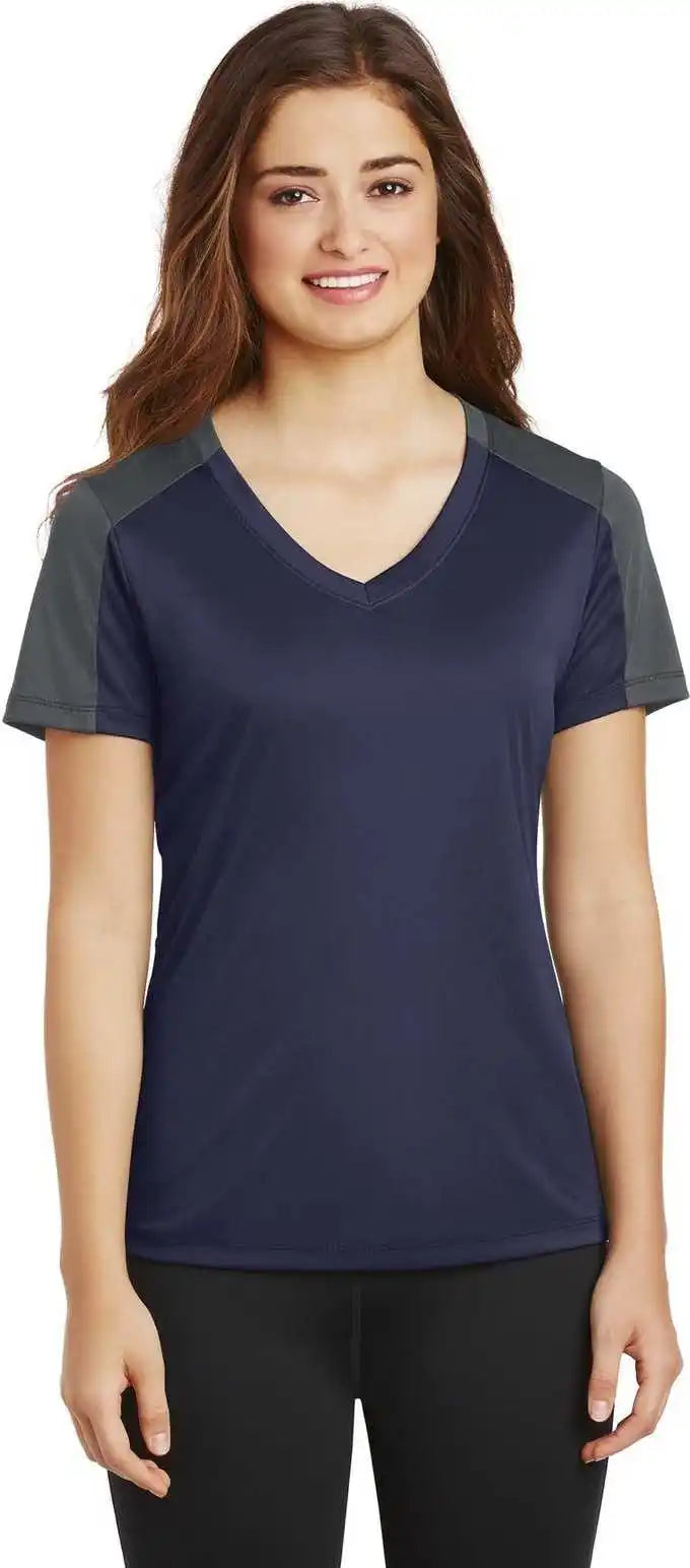 Sport-tek Lst354 Ladies Posicharge Competitor Sleeve-blocked V-neck Tee - True Navy Iron Gray