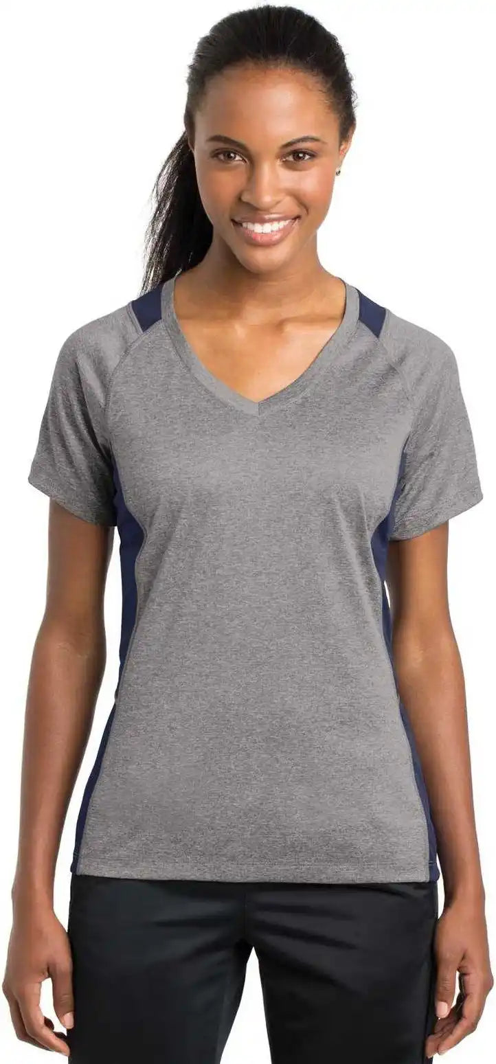 Sport-tek Lst361 Ladies Heather Colorblock Contender V-neck Tee - Vintage True Navy