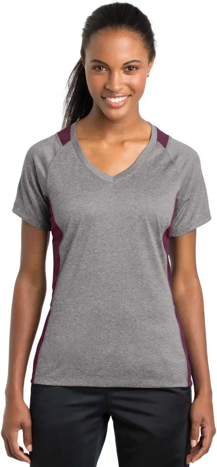 Sport-tek Lst361 Ladies Heather Colorblock Contender V-neck Tee - Vintage Maroon