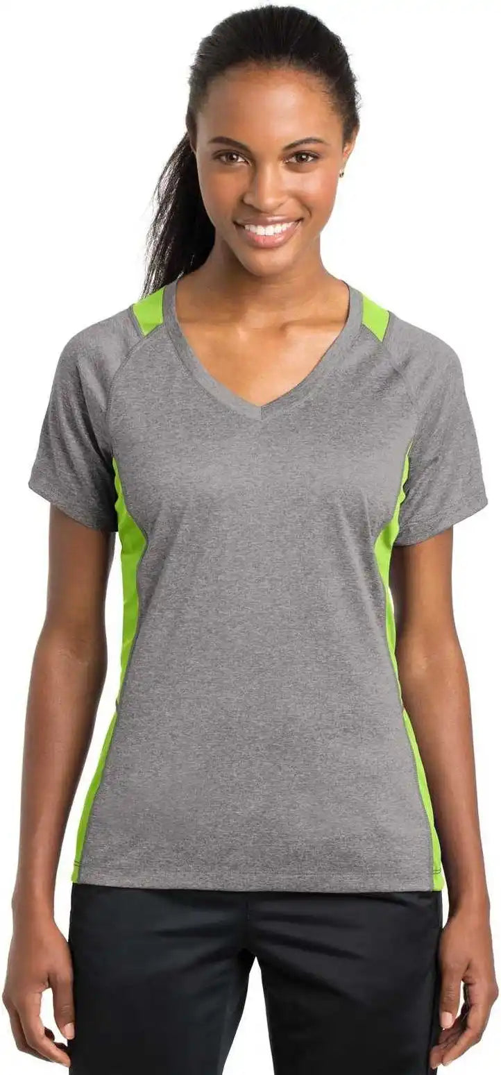 Sport-tek Lst361 Ladies Heather Colorblock Contender V-neck Tee - Vintage Lime Shock