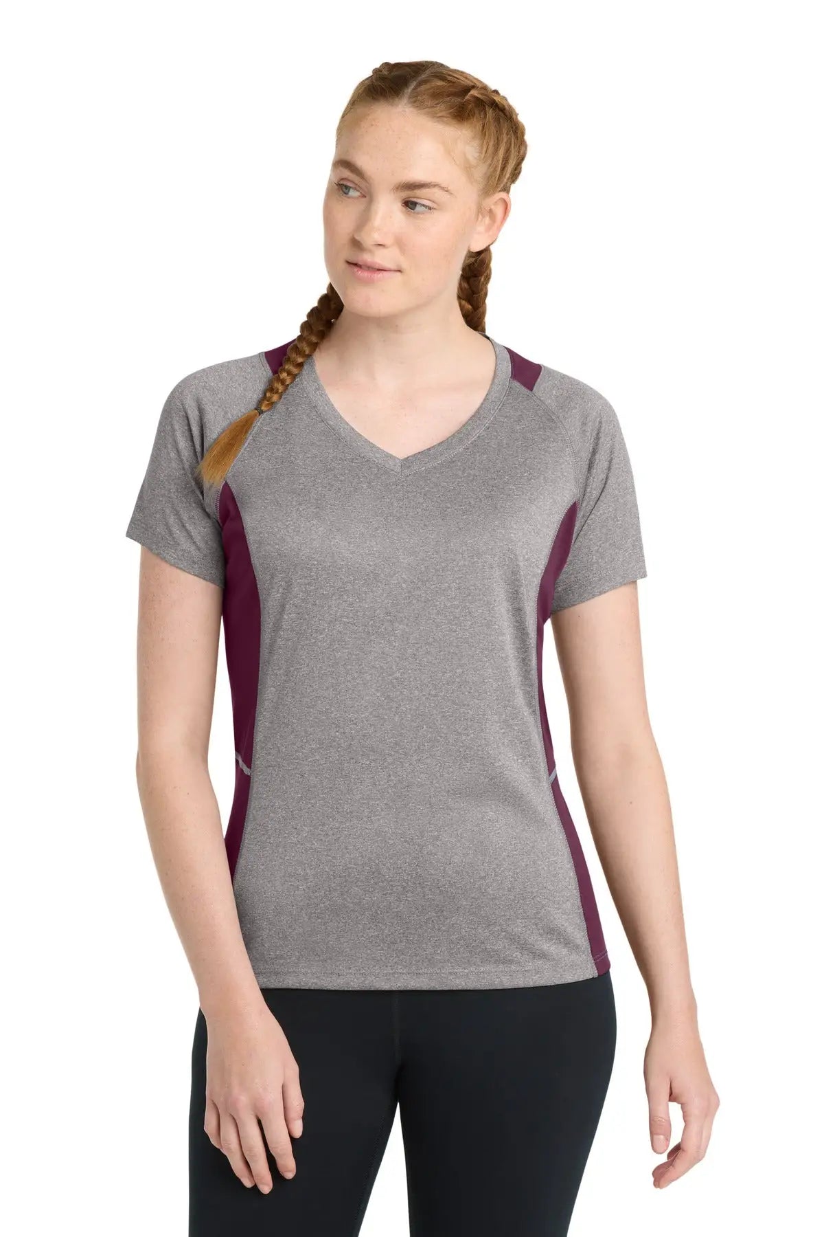 Sport-tek Lst361 Women’s Heather Colorblock Contender V-neck Tee - Vintage Maroon - Heather/ / Ladies Xs