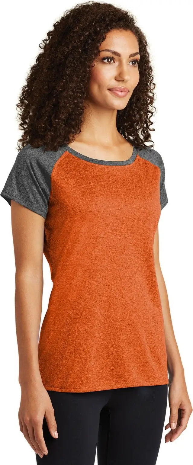 Sport-tek Lst362 Women’s Heather-on-heather Contender Scoop Neck Tee - Deep Orange Heather Graphite