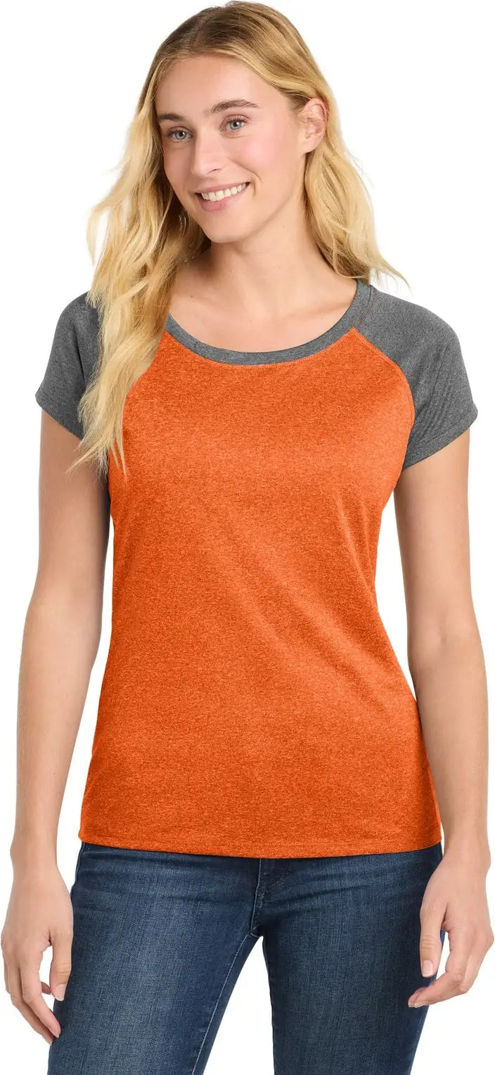 Sport-tek Lst362 Women’s Heather-on-heather Contender Scoop Neck Tee - Deep Orange Heather Graphite