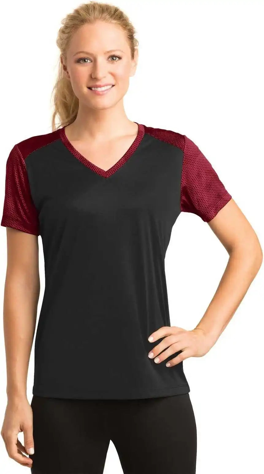 Sport-tek Lst371 Ladies Camohex Colorblock V-neck Tee - Black Deep Red