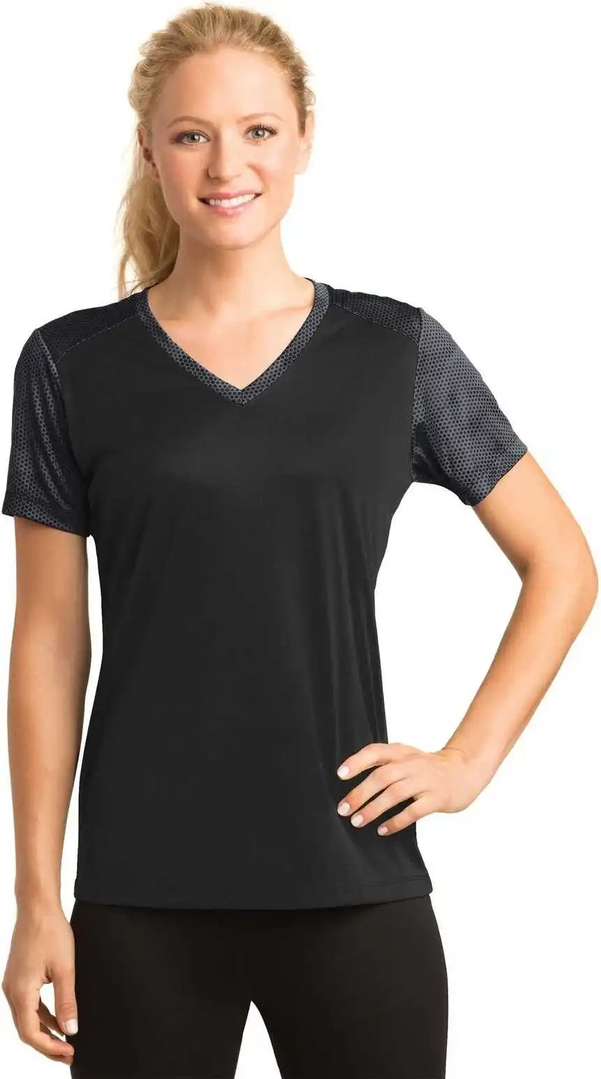 Sport-tek Lst371 Ladies Camohex Colorblock V-neck Tee - Black Iron Gray