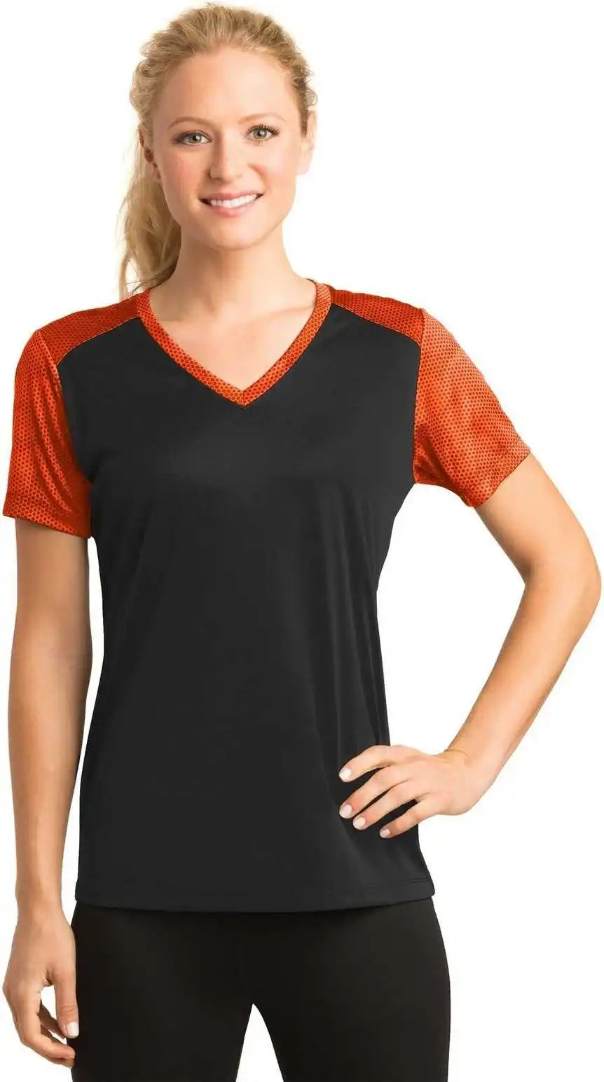Sport-tek Lst371 Ladies Camohex Colorblock V-neck Tee - Black Neon Orange