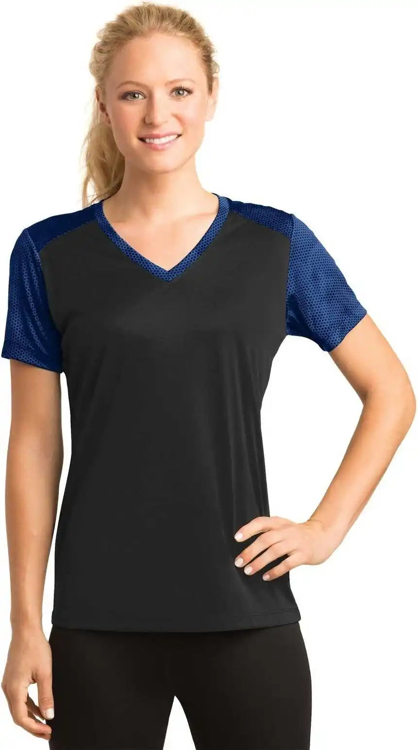Sport-tek Lst371 Ladies Camohex Colorblock V-neck Tee - Black True Royal