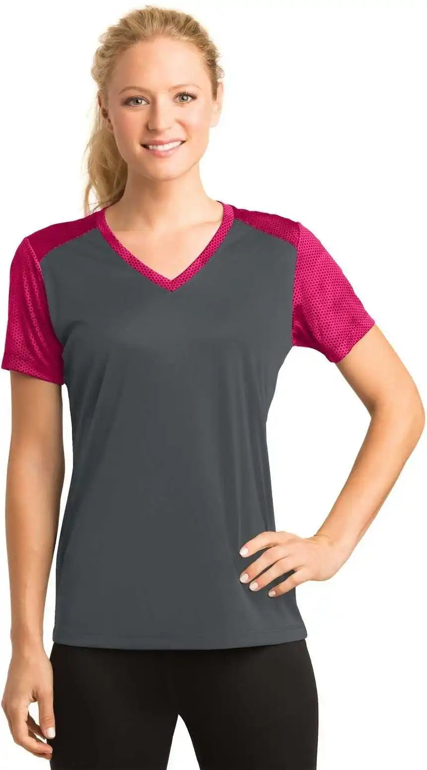 Sport-tek Lst371 Ladies Camohex Colorblock V-neck Tee - Iron Gray Pink Raspberry
