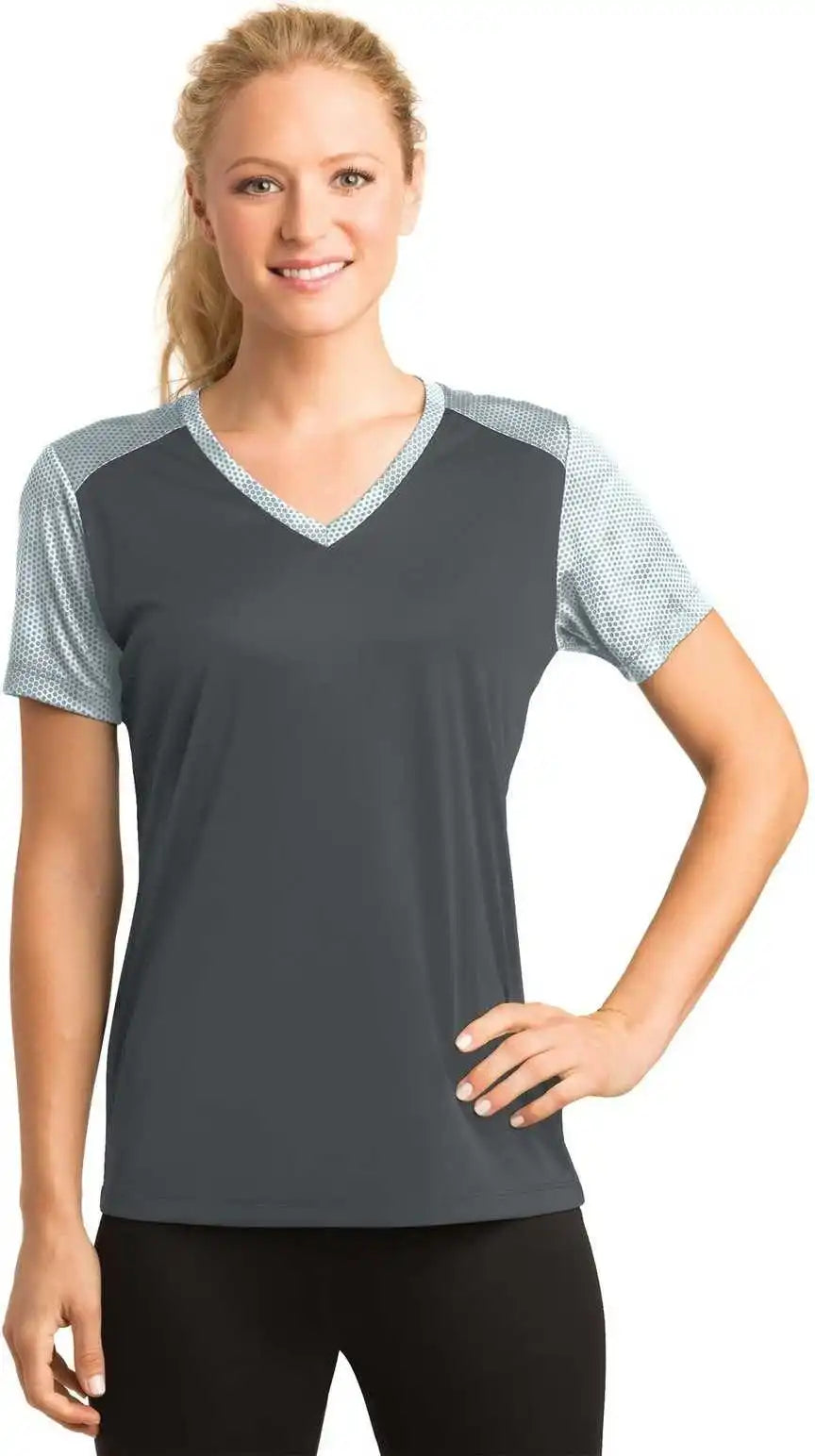 Sport-tek Lst371 Ladies Camohex Colorblock V-neck Tee - Iron Gray White