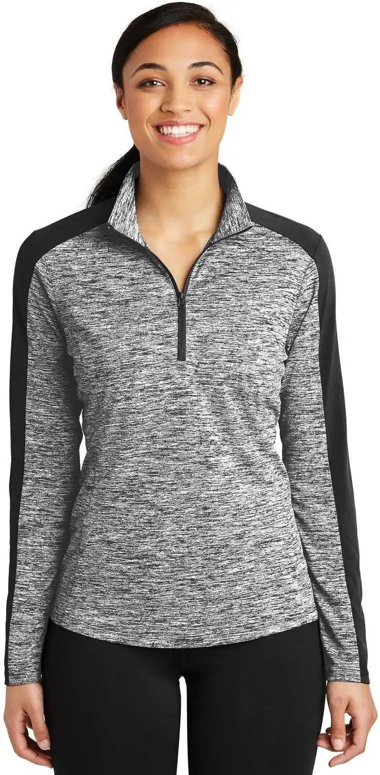 Sport Tek Lst397 Ladies Posicharge Electric Heather Colorblock 1/4 Zip Pullover Black