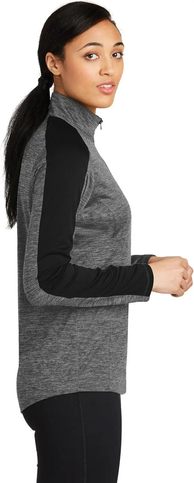 Sport-tek Lst397 Women’s Posicharge Electric Heather Colorblock 1/4-zip Pullover - Gray-black Black
