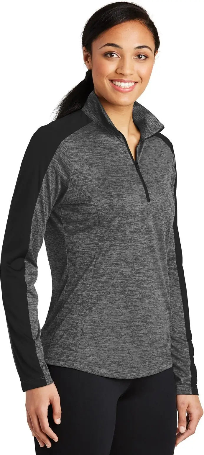Sport-tek Lst397 Women’s Posicharge Electric Heather Colorblock 1/4-zip Pullover - Gray-black Black