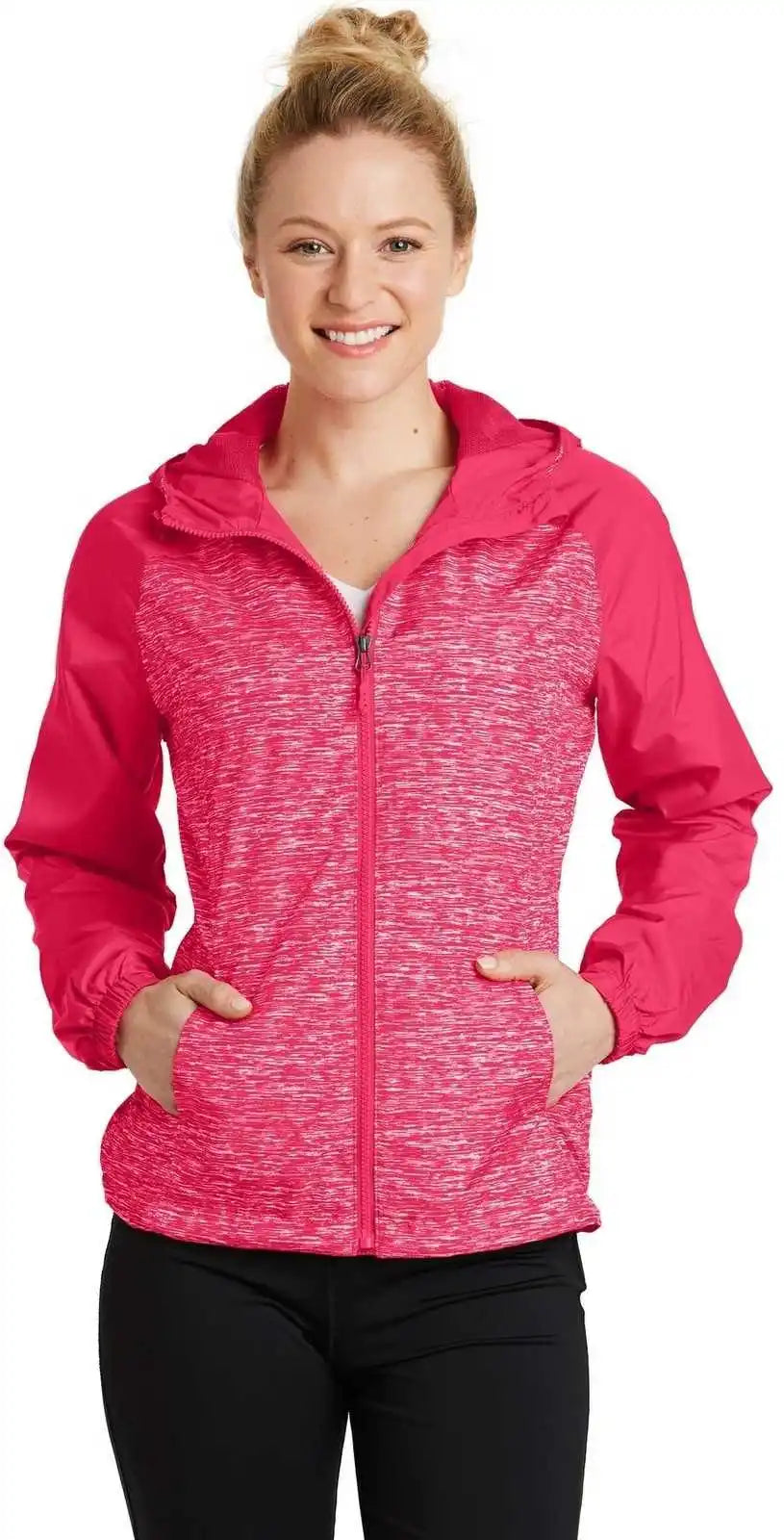 Sport-tek Lst40 Ladies Heather Colorblock Raglan Hooded Wind Jacket - Pink Raspberry