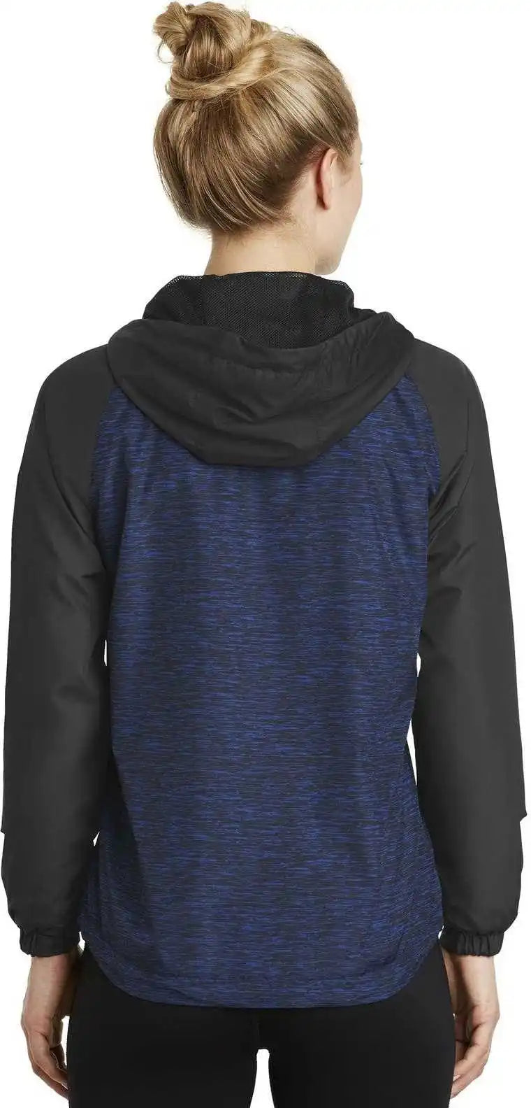 Sport-tek Lst40 Ladies Heather Colorblock Raglan Hooded Wind Jacket - True Royal Black