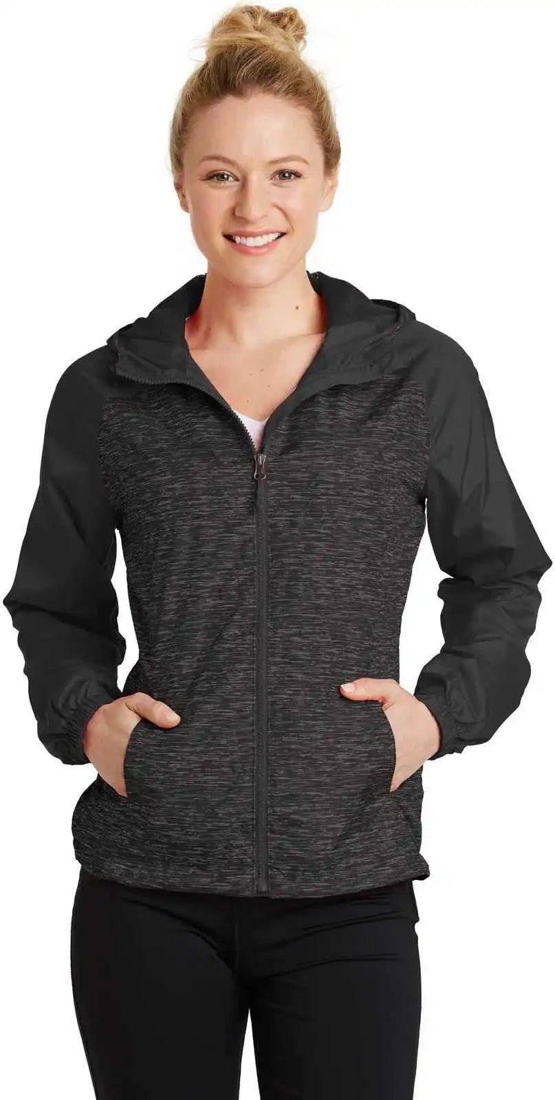 Sport-tek Lst40 Ladies Heather Colorblock Raglan Hooded Wind Jacket - Black