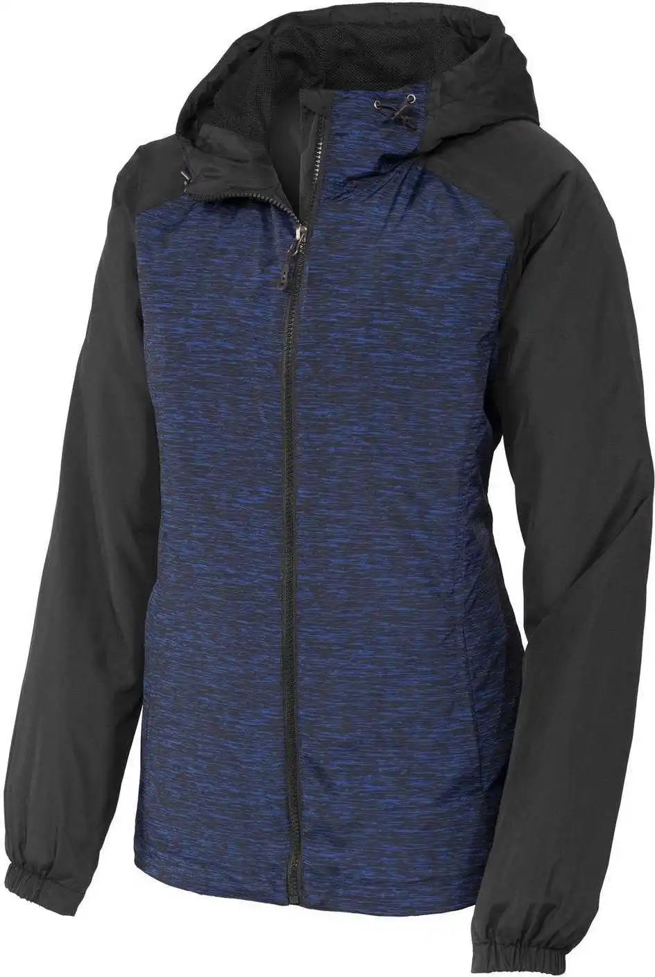 Sport-tek Lst40 Ladies Heather Colorblock Raglan Hooded Wind Jacket - True Royal Black