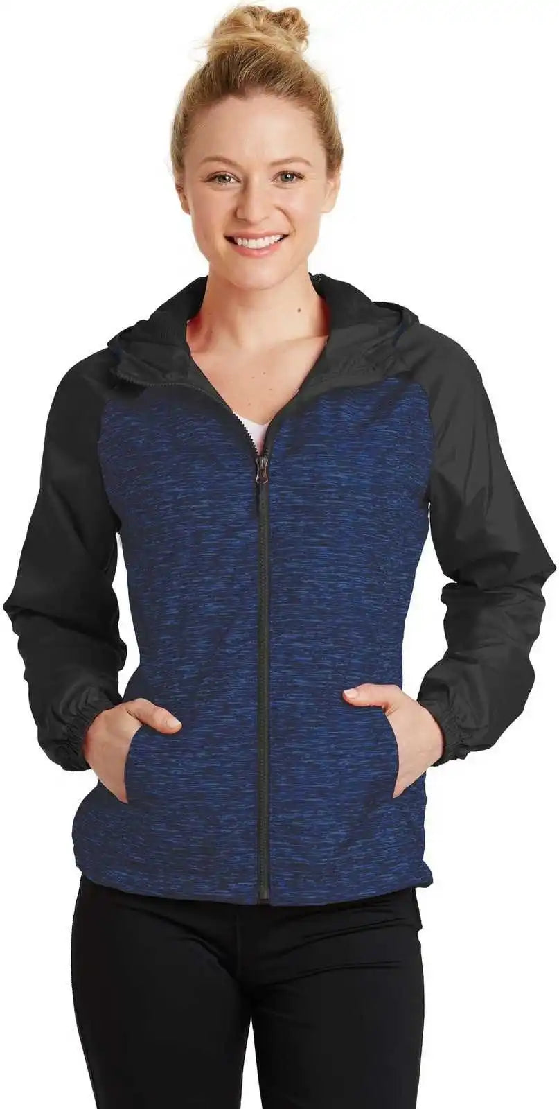 Sport-tek Lst40 Ladies Heather Colorblock Raglan Hooded Wind Jacket - True Royal Black