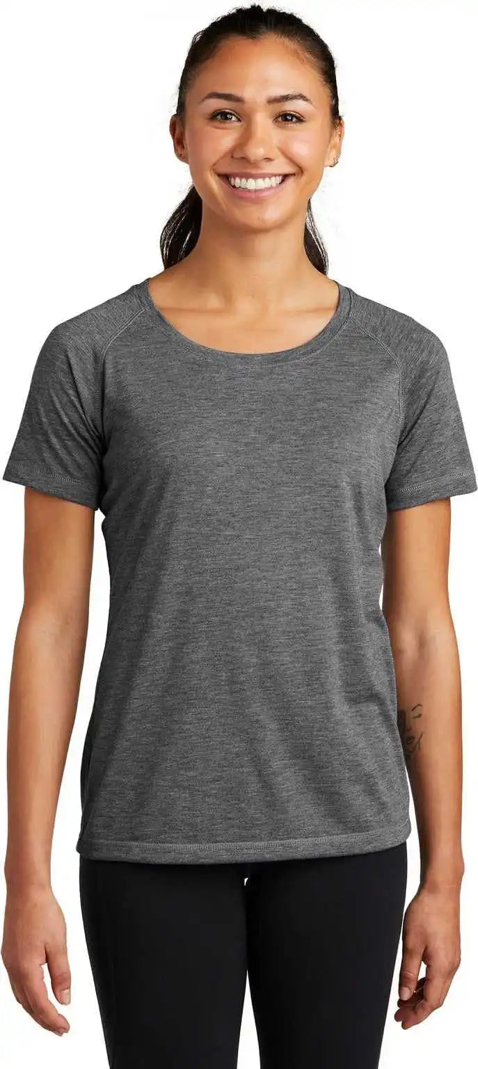 Sport-tek Lst400 Women’s Posicharge Tri-blend Wicking Scoop Neck Raglan Tee - Dark Grey Heather
