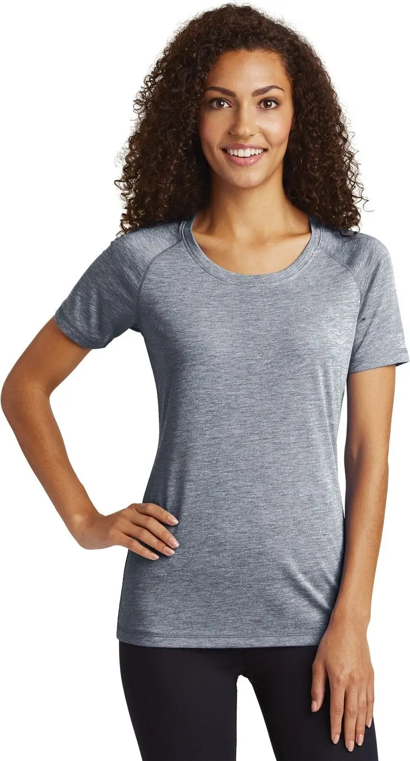 Sport-tek Lst400 Women’s Posicharge Tri-blend Wicking Scoop Neck Raglan Tee - True Navy Heather - Ladies Xs