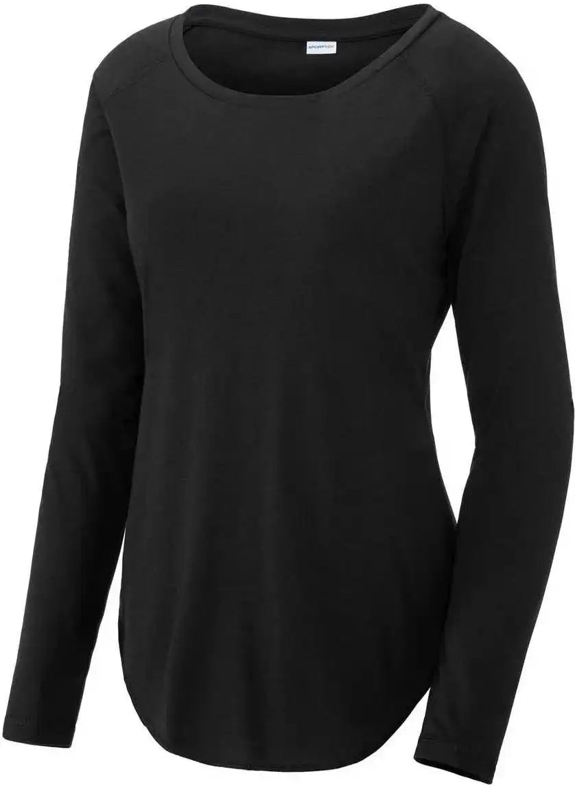 Sport-tek Lst400ls Ladies Posicharge Long Sleeve Tri-blend Wicking Scoop Neck Raglan Tee - Black Triad Solid