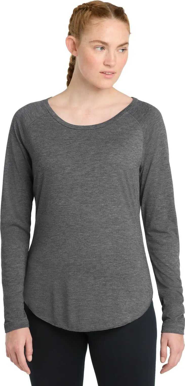 Sport-tek Lst400ls Women’s Posicharge Long Sleeve Tri-blend Wicking Scoop Neck Raglan Tee - Dark Gray Heather - Ladies