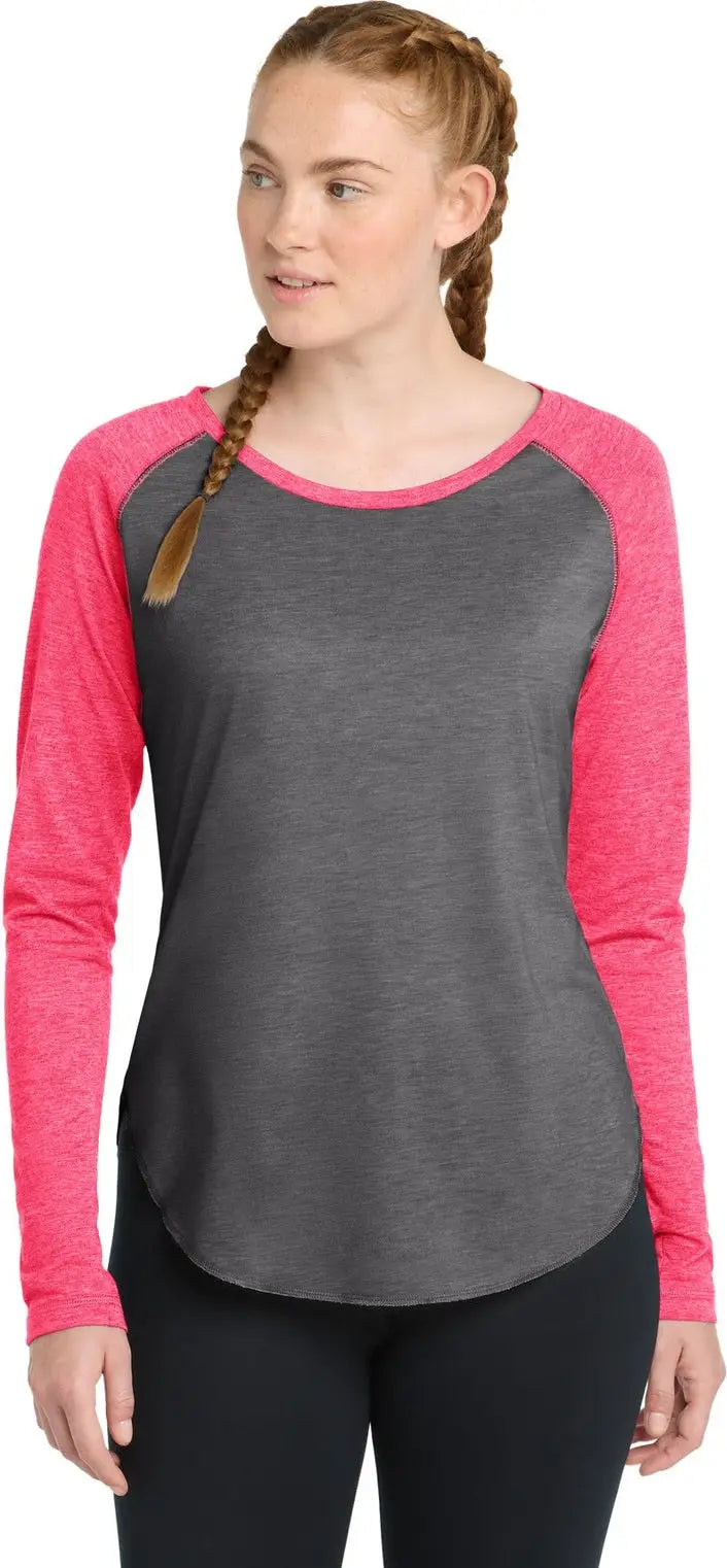 Sport-tek Lst400ls Women’s Posicharge Long Sleeve Tri-blend Wicking Scoop Neck Raglan Tee - Pink Raspberry Heather Dark