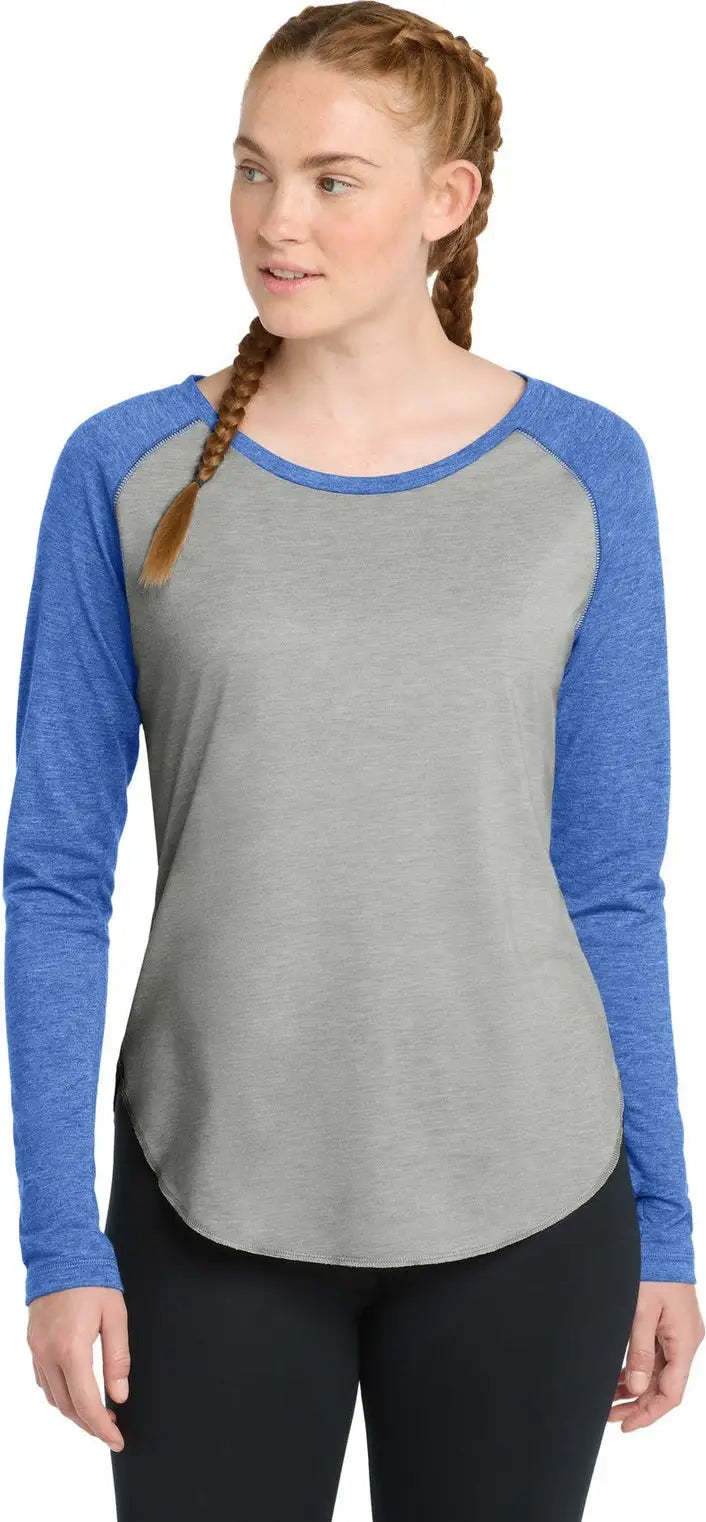 Sport-tek Lst400ls Women’s Posicharge Long Sleeve Tri-blend Wicking Scoop Neck Raglan Tee - True Royal Heather Light