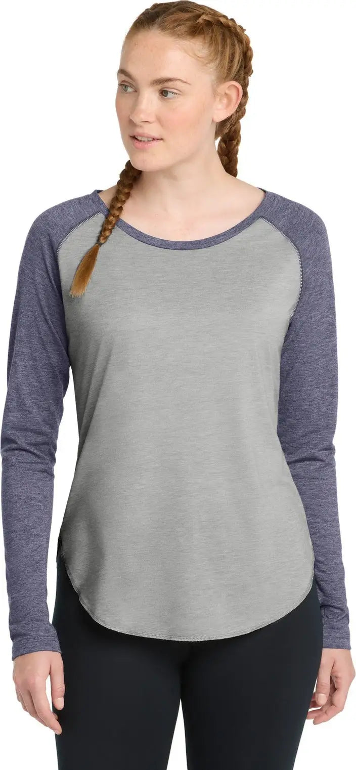 Sport-tek Lst400ls Women’s Posicharge Long Sleeve Tri-blend Wicking Scoop Neck Raglan Tee - True Navy Heather Light