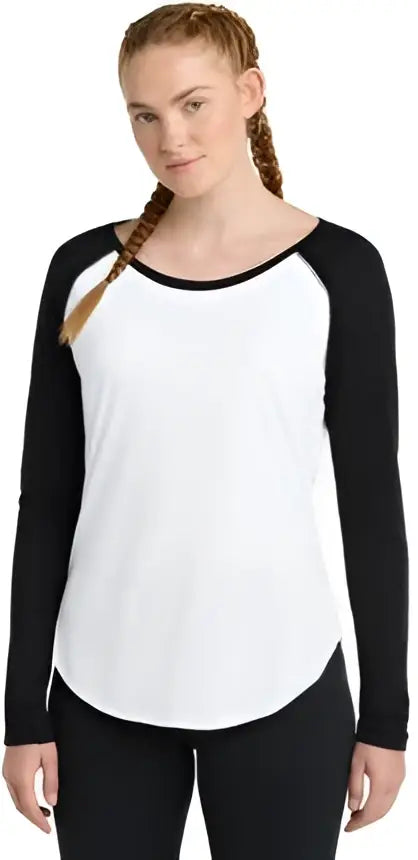 Sport-tek Lst400ls Women’s Posicharge Long Sleeve Tri-blend Wicking Scoop Neck Raglan Tee - Black Triad Solid White