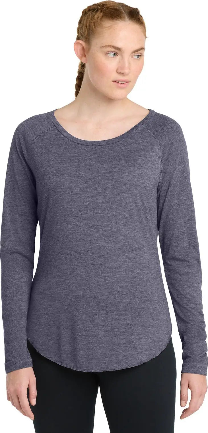 Sport-tek Lst400ls Women’s Posicharge Long Sleeve Tri-blend Wicking Scoop Neck Raglan Tee - True Navy Heather - Ladies