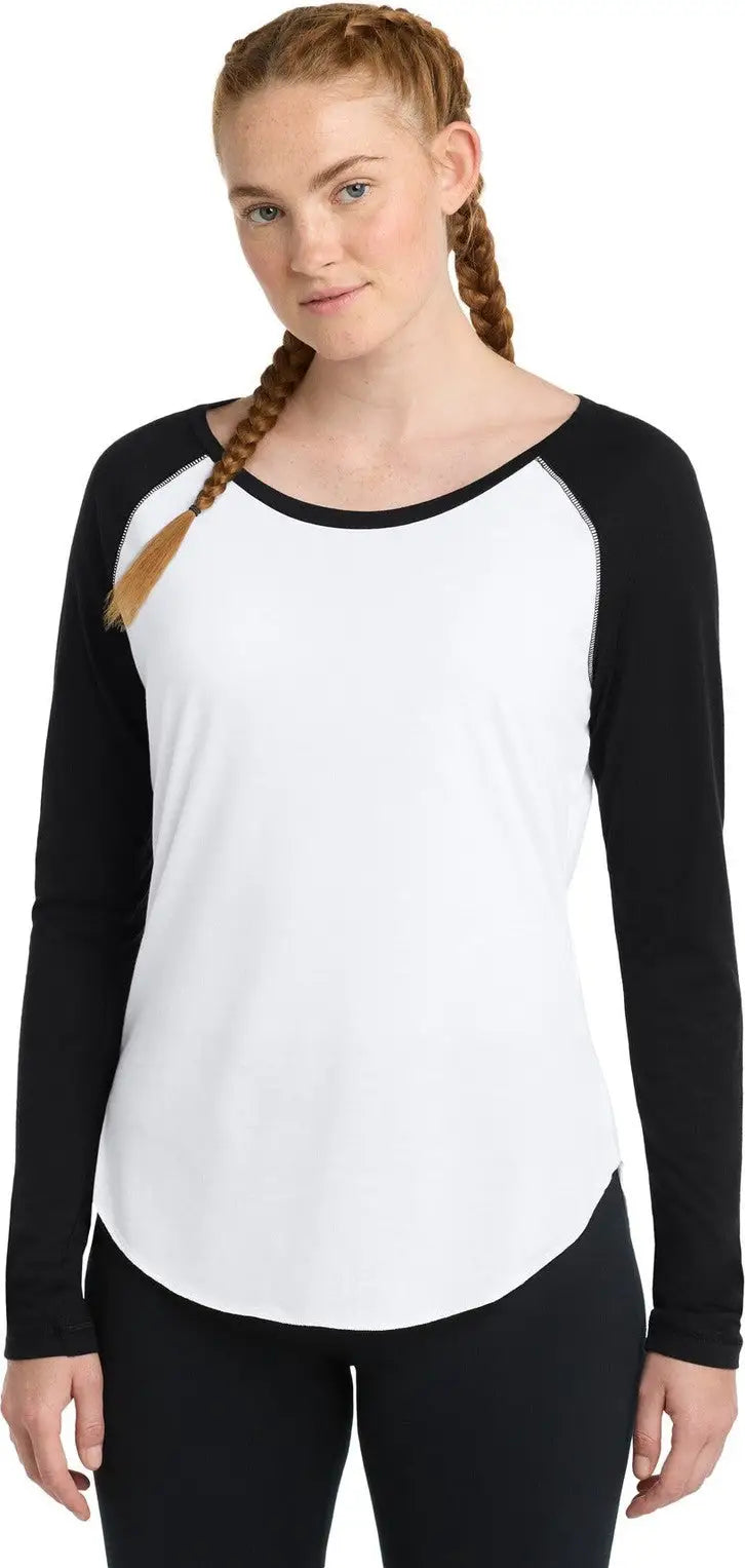 Sport-tek Lst400ls Women’s Posicharge Long Sleeve Tri-blend Wicking Scoop Neck Raglan Tee - Black Triad Solid White