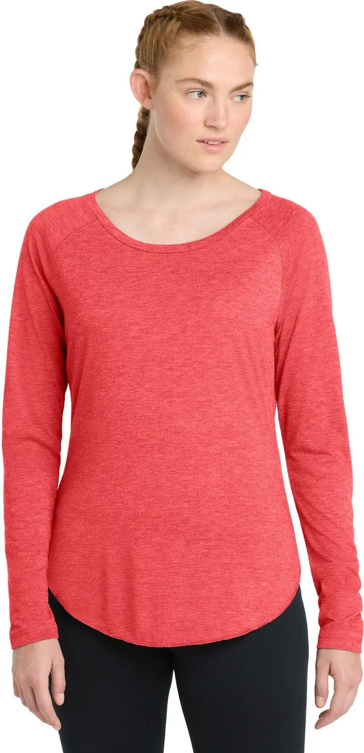 Sport-tek Lst400ls Women’s Posicharge Long Sleeve Tri-blend Wicking Scoop Neck Raglan Tee - True Red Heather - Ladies Xs