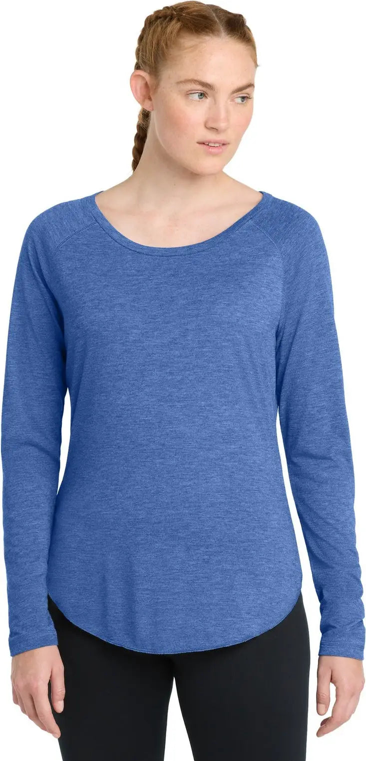 Sport-tek Lst400ls Women’s Posicharge Long Sleeve Tri-blend Wicking Scoop Neck Raglan Tee - True Royal Heather - Ladies