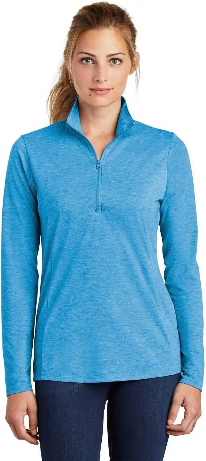 Sport-tek Lst407 Ladies Posicharge Tri-blend Wicking 1/4-zip Pullover - Pond Blue Heather