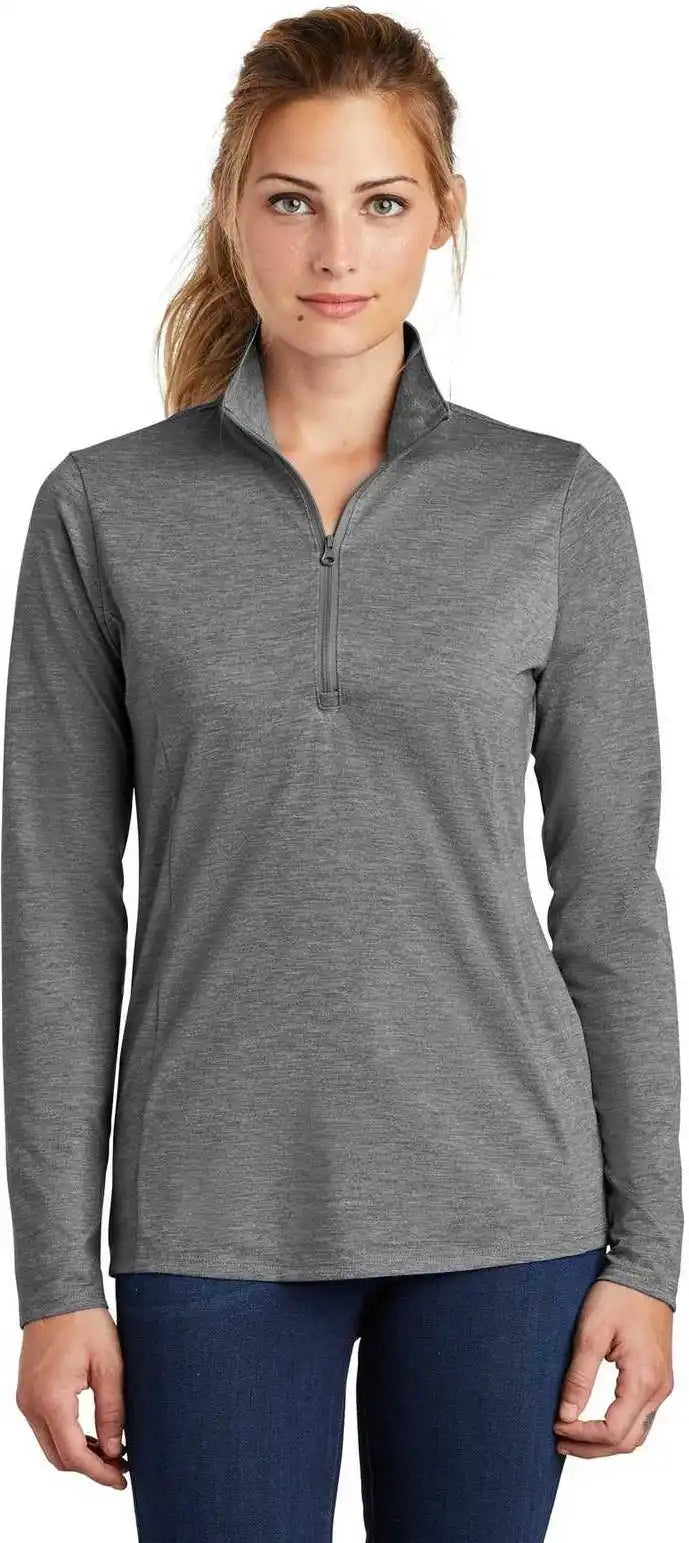 Sport Tek Lst407 Ladies Posicharge Tri Blend Wicking 1/4 Zip Pullover Dark Gray Heather