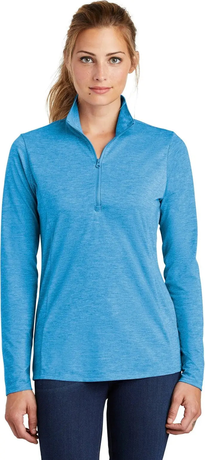Sport-tek Lst407 Women’s Posicharge Tri-blend Wicking 1/4-zip Pullover - Pond Blue Heather - Ladies Xs