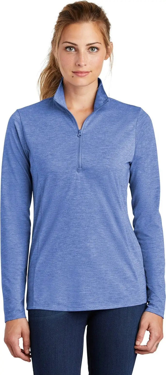 Sport-tek Lst407 Women’s Posicharge Tri-blend Wicking 1/4-zip Pullover - True Royal Heather - Ladies Xs