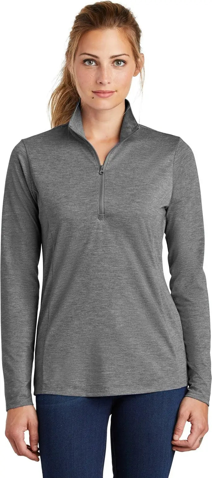 Sport-tek Lst407 Women’s Posicharge Tri-blend Wicking 1/4-zip Pullover - Dark Gray Heather - Ladies Xs