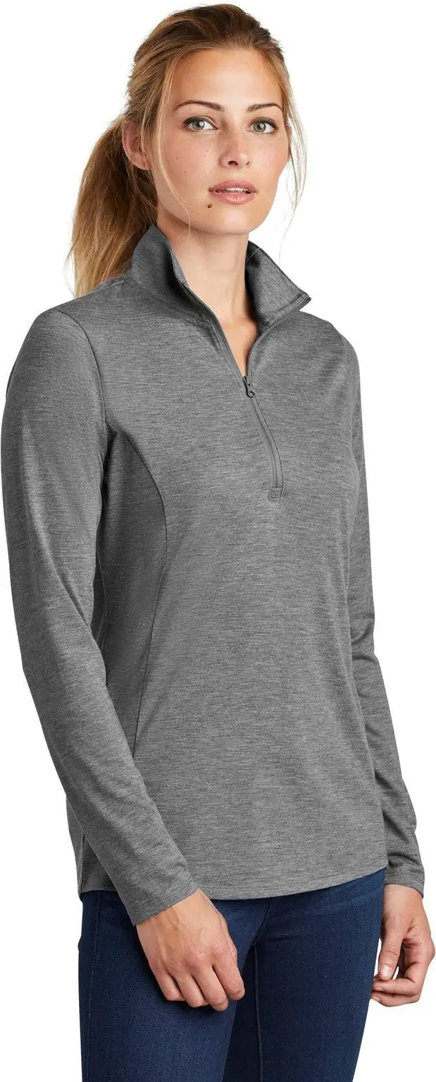 Sport-tek Lst407 Women’s Posicharge Tri-blend Wicking 1/4-zip Pullover - Dark Gray Heather