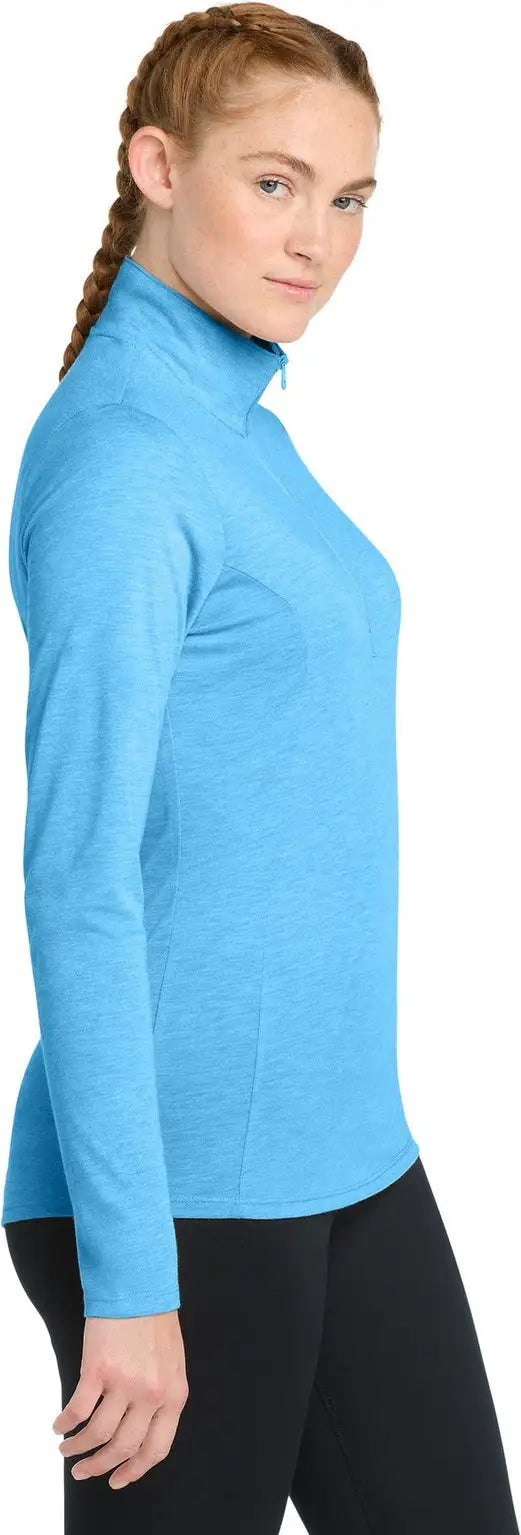 Sport-tek Lst407 Women’s Posicharge Tri-blend Wicking 1/4-zip Pullover - Pond Blue Heather