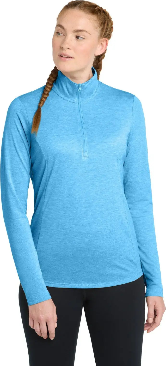 Sport-tek Lst407 Women’s Posicharge Tri-blend Wicking 1/4-zip Pullover - Pond Blue Heather