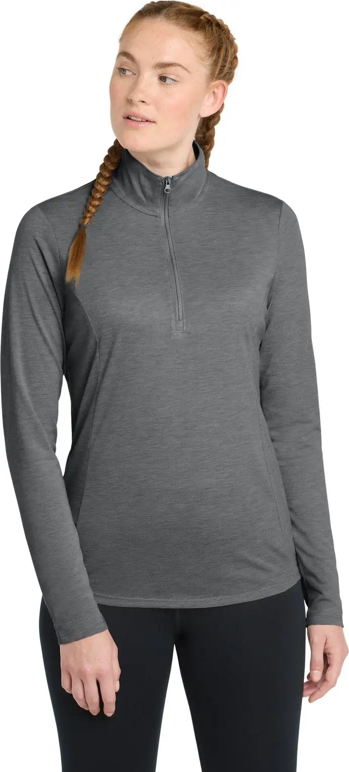 Sport-tek Lst407 Women’s Posicharge Tri-blend Wicking 1/4-zip Pullover - Dark Gray Heather