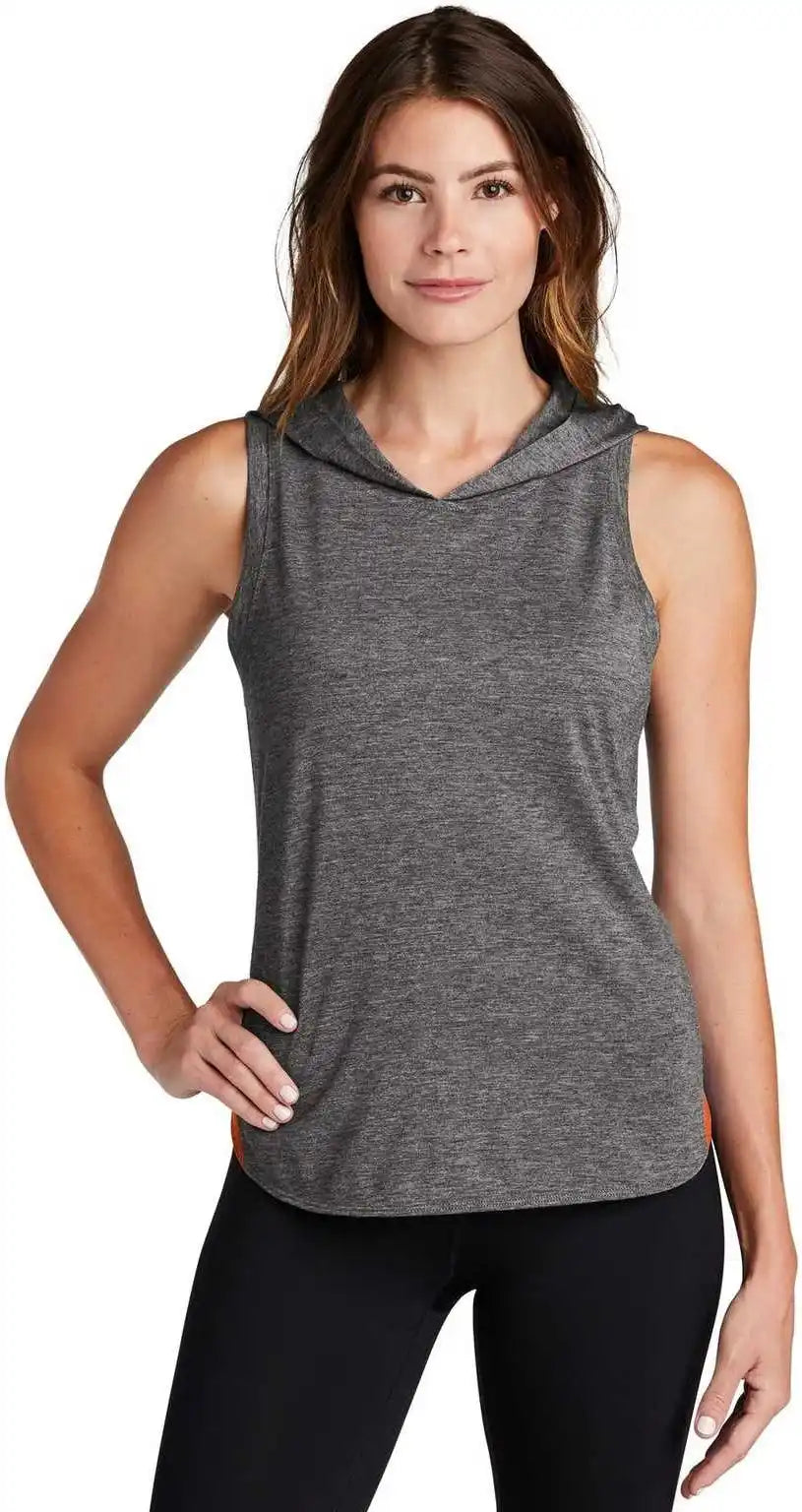 Sport-tek Lst410 Ladies Posicharge Tri-blend Wicking Draft Hoodie Tank - Deep Orange Dark Gray Heather