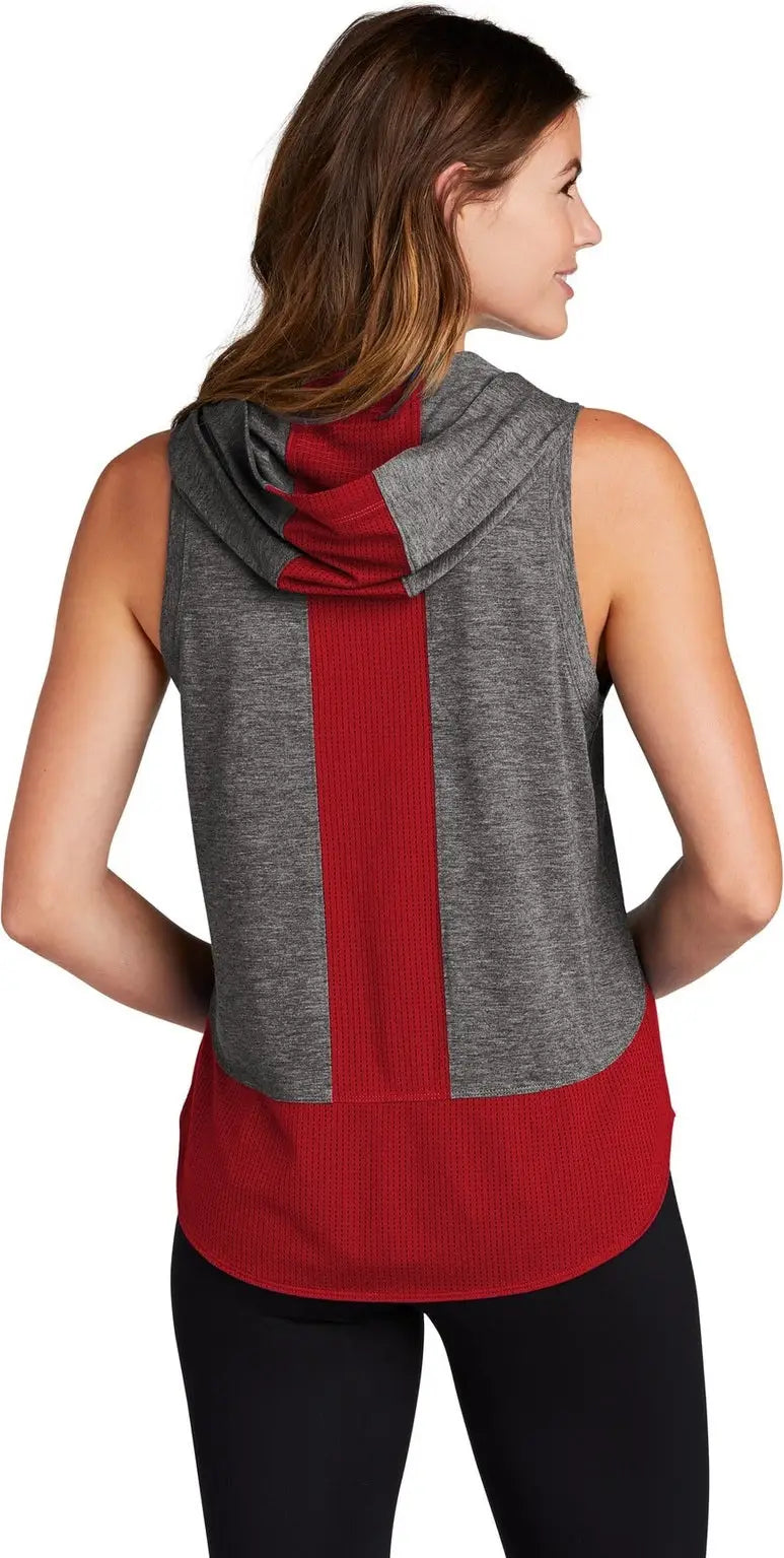 Sport-tek Lst410 Women’s Posicharge Tri-blend Wicking Draft Hoodie Tank - True Red Dark Gray Heather