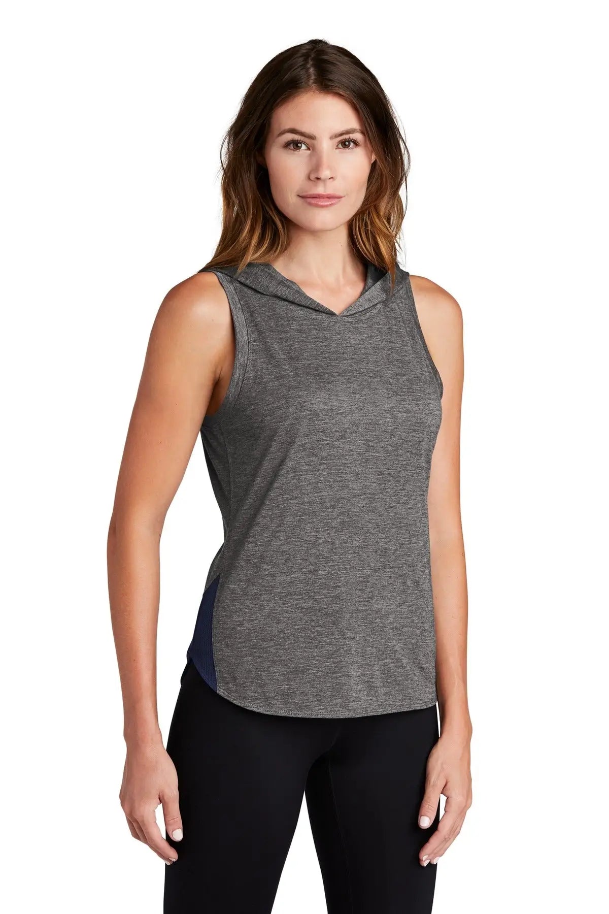 Sport-tek Lst410 Women’s Posicharge Tri-blend Wicking Draft Hoodie Tank - True Navy Dark Gray Heather