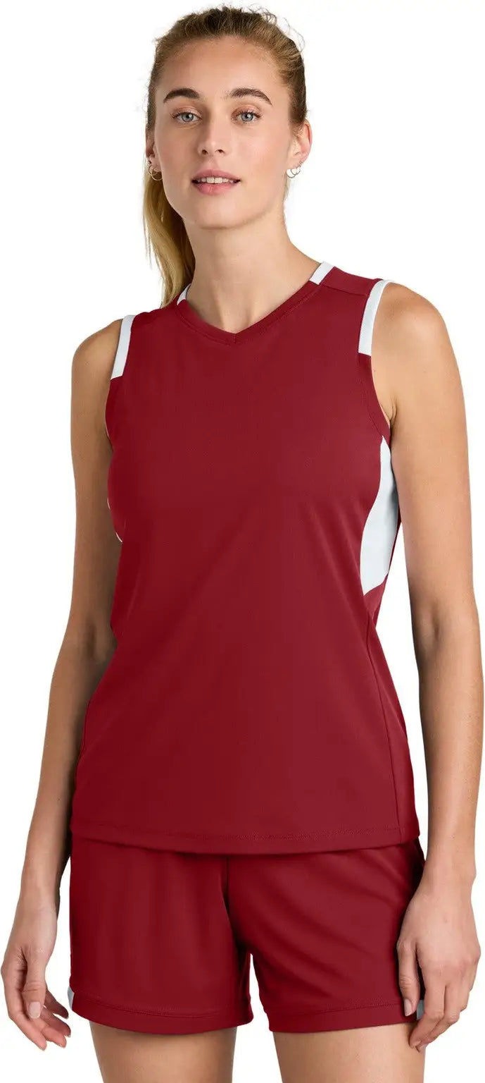 Sport-tek Lst441 Women’s Club Sleeveless V-neck - Deep Red White - Red/ / Ladies Xs