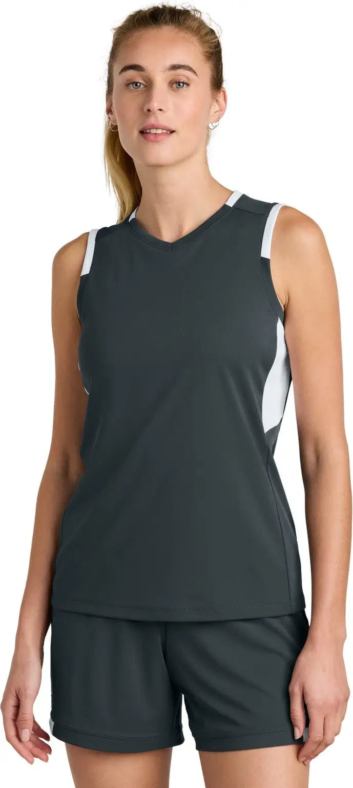 Sport-tek Lst441 Women’s Club Sleeveless V-neck - Iron Gray White - Gray/ / Ladies Xs