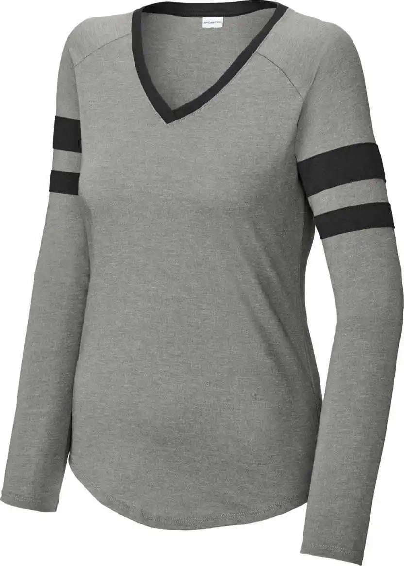 Sport Tek Lst6043 Ladies Halftime Stripe Long Sleeve v Neck Tee Blk/vtghtr