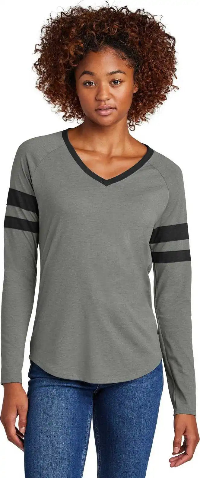 Sport Tek Lst6043 Ladies Halftime Stripe Long Sleeve v Neck Tee Blk/vtghtr