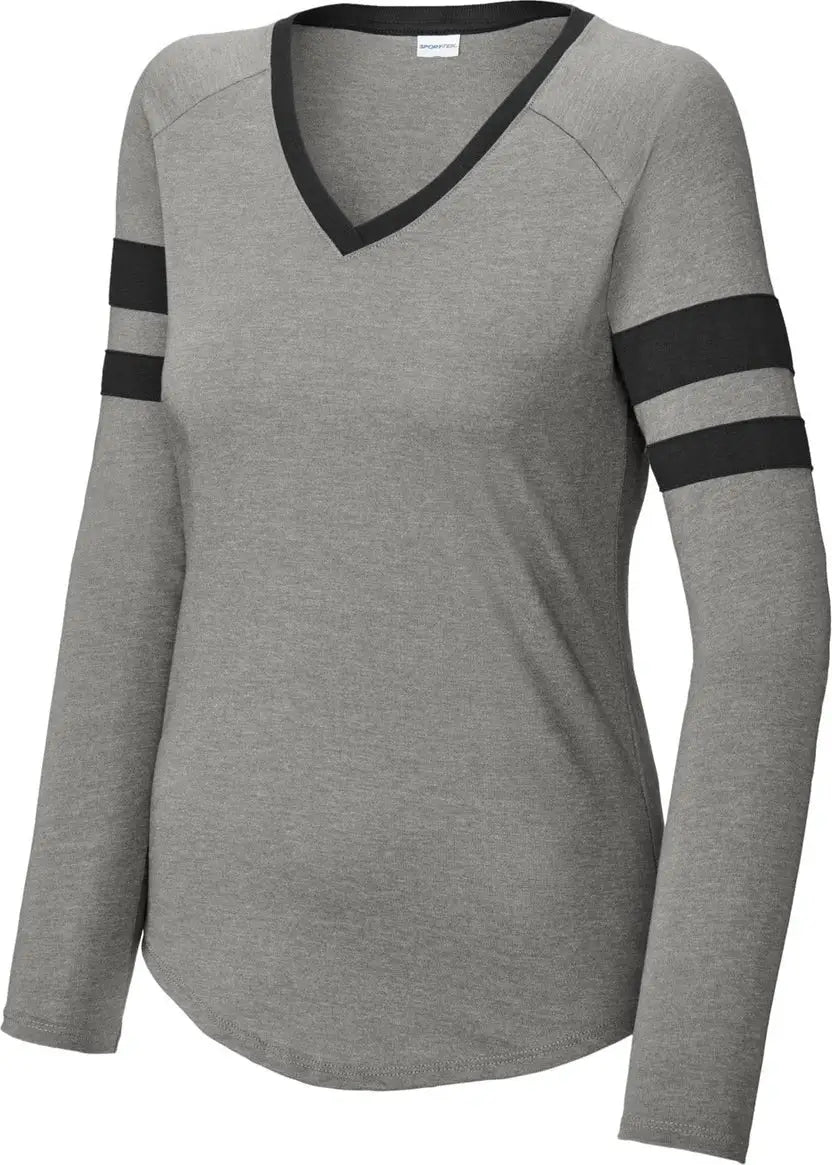 Sport-tek Lst6043 Women’s Halftime Stripe Long Sleeve V-neck Tee - Black Vintage Heather